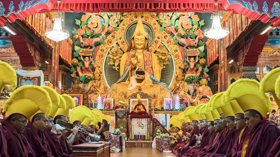  Lama Zopa Rinpoche and Kopan monks doing Lama Chopa puja on Lama Tsongkhapa Day, Kopan Monastery, Nepal, December 2019. Photo by Ven. Lobsang Sherab.